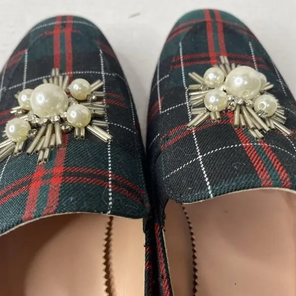 J crew Janie Tartan Plaid Pearl Embellished Loafers Sz 10 Shoes NEW Red Green