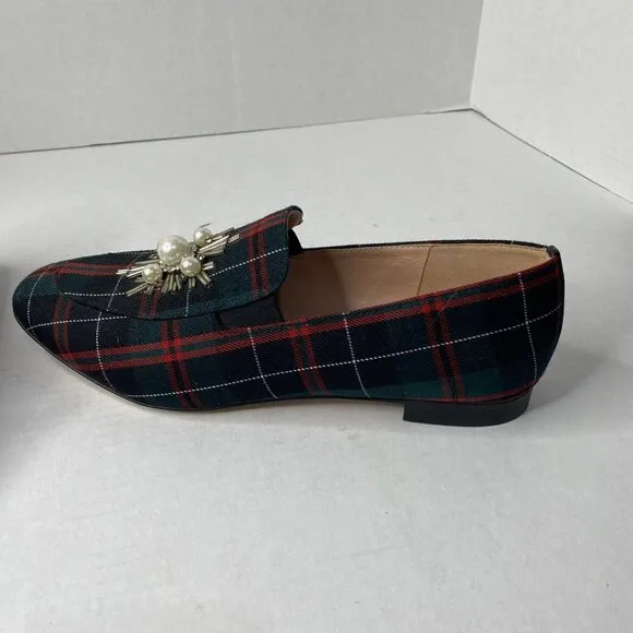 J crew Janie Tartan Plaid Pearl Embellished Loafers Sz 10 Shoes NEW Red Green