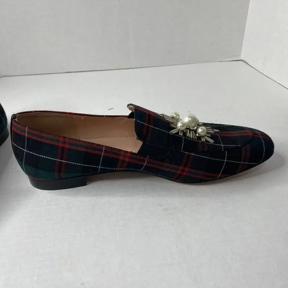 J crew Janie Tartan Plaid Pearl Embellished Loafers Sz 10 Shoes NEW Red Green