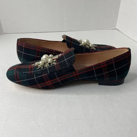 J crew Janie Tartan Plaid Pearl Embellished Loafers Sz 10 Shoes NEW Red Green