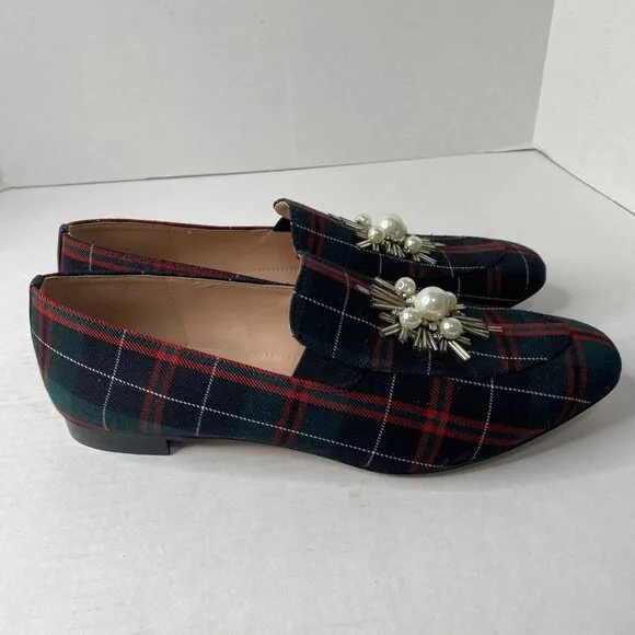 J crew Janie Tartan Plaid Pearl Embellished Loafers Sz 10 Shoes NEW Red Green