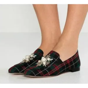 J crew Janie Tartan Plaid Pearl Embellished Loafers Sz 10 Shoes NEW Red Green