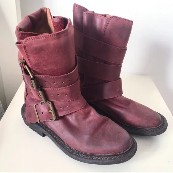 Jeffrey Campbell Trudge wine red mid calf leather moto boots sz 5