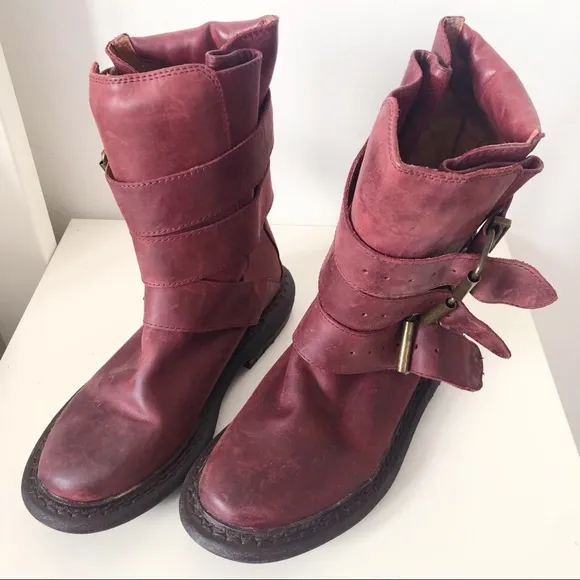 Jeffrey Campbell Trudge wine red mid calf leather moto boots sz 5