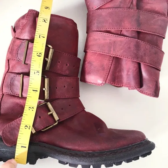Jeffrey Campbell Trudge wine red mid calf leather moto boots sz 5