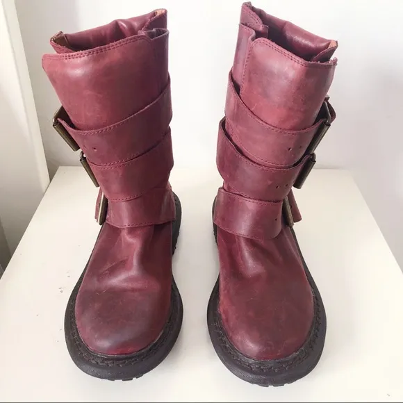 Jeffrey Campbell Trudge wine red mid calf leather moto boots sz 5
