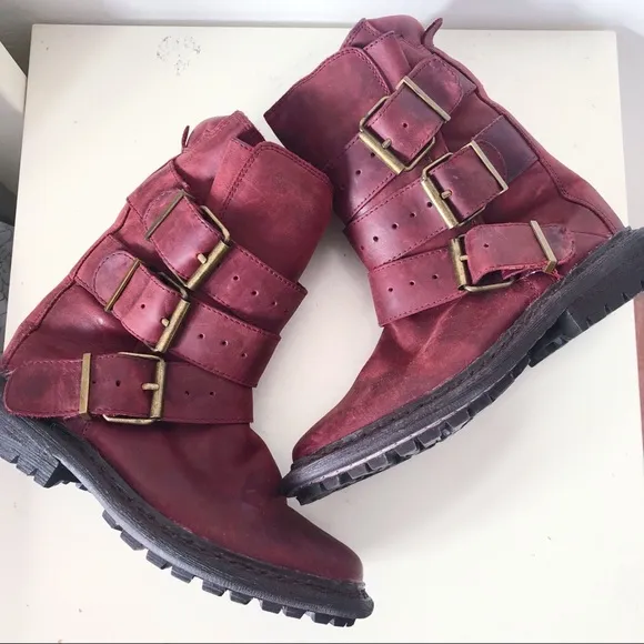 Jeffrey Campbell Trudge wine red mid calf leather moto boots sz 5
