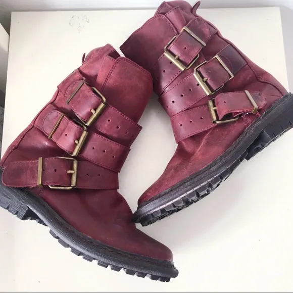 Jeffrey Campbell Trudge wine red mid calf leather moto boots sz 5