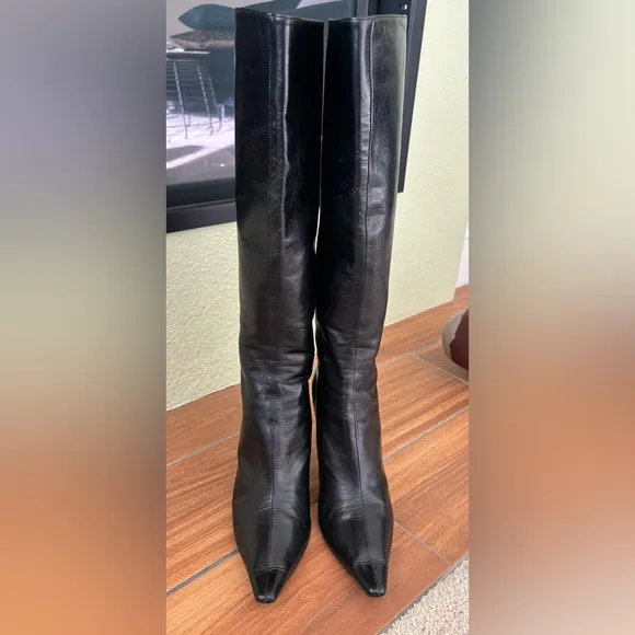 Jimmy Choo Black Leather Rose 1 Mid Calf Heeled Boots US Size 9 EU Size 39.5