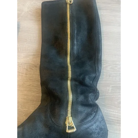 Jimmy Choo Doreen Rugged Leather Knee High Zipper Detail Boots Shoes Black Sz 40