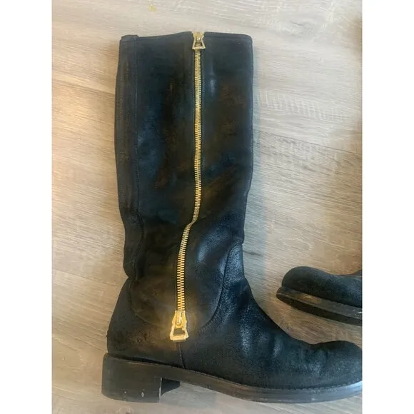 Jimmy Choo Doreen Rugged Leather Knee High Zipper Detail Boots Shoes Black Sz 40