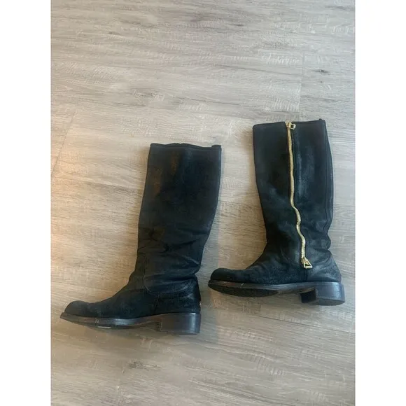 Jimmy Choo Doreen Rugged Leather Knee High Zipper Detail Boots Shoes Black Sz 40