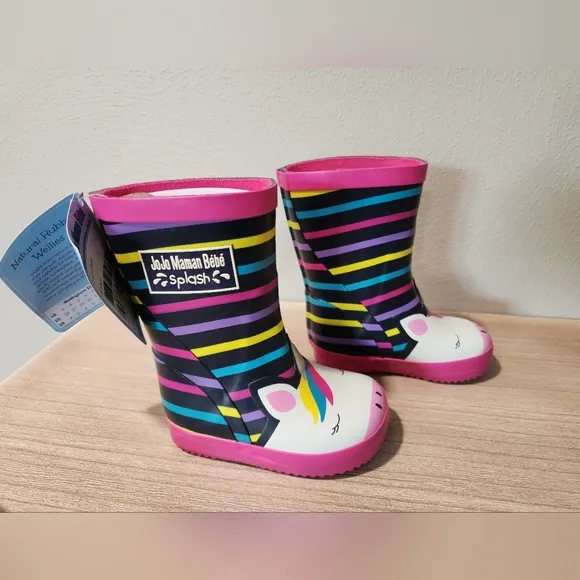 JoJo Maman Bebe Girl's Unicorn Wellies Rain Boots Muilt-Stripe Size 5