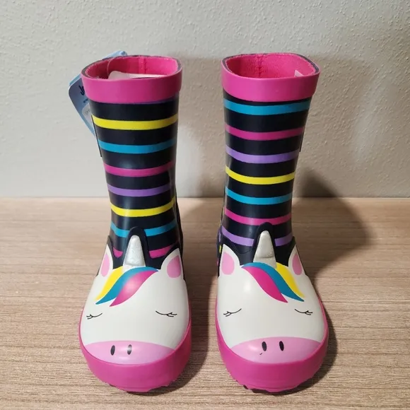 JoJo Maman Bebe Girl's Unicorn Wellies Rain Boots Muilt-Stripe Size 5