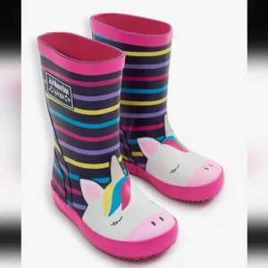 JoJo Maman Bebe Girl's Unicorn Wellies Rain Boots Muilt-Stripe Size 5