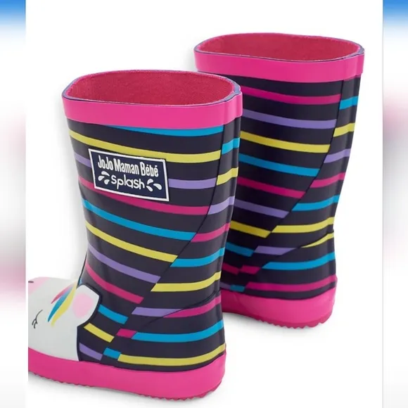 JoJo Maman Bebe Girl's Unicorn Wellies Rain Boots Muilt-Stripe Size 5