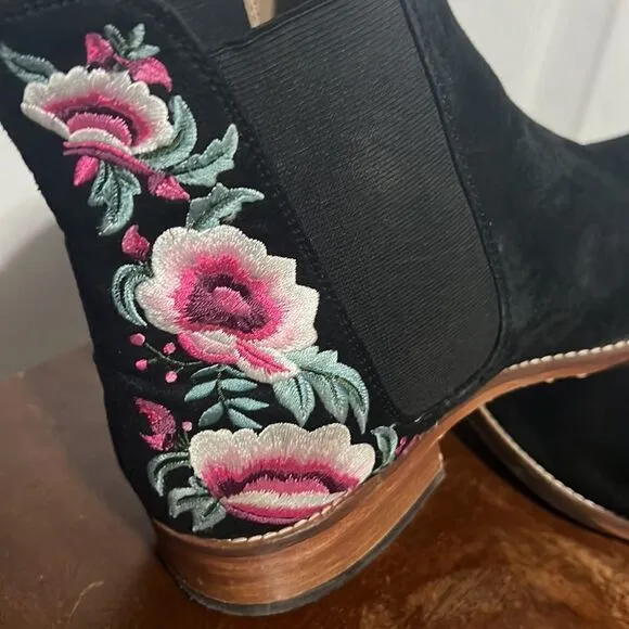 🔥JOULES CHELSEA Ankle Boots Booties Black Suede floral embroidered - Sz 9 - EUC