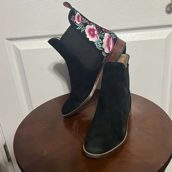 🔥JOULES CHELSEA Ankle Boots Booties Black Suede floral embroidered - Sz 9 - EUC