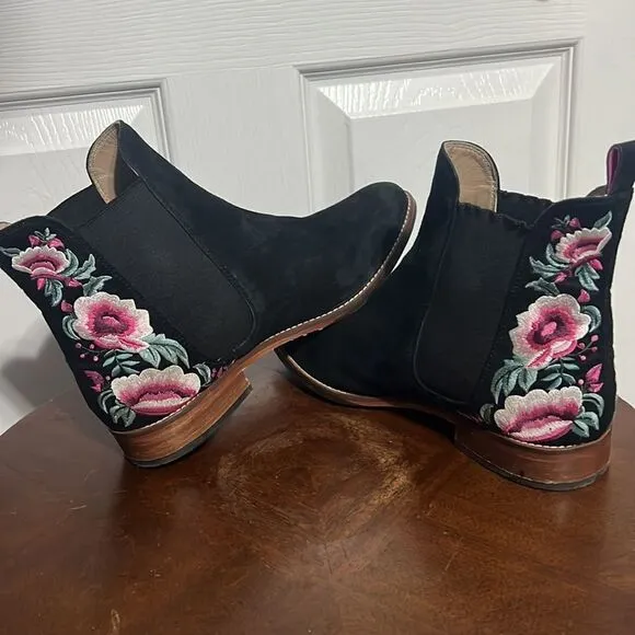 🔥JOULES CHELSEA Ankle Boots Booties Black Suede floral embroidered - Sz 9 - EUC
