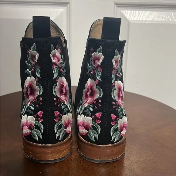 🔥JOULES CHELSEA Ankle Boots Booties Black Suede floral embroidered - Sz 9 - EUC