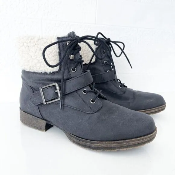 JustFab Feven Womens Lace Up Buckle Faux Fur Bootie Boots Black 5.5