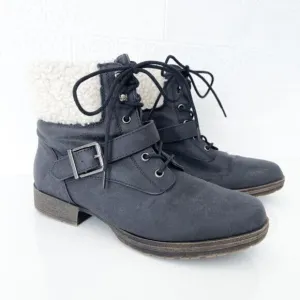 JustFab Feven Womens Lace Up Buckle Faux Fur Bootie Boots Black 5.5