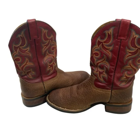 Justin 5902 Roper Boots 9.5D Red Brown Pebbled Bullhide Leather Men's Cowboy