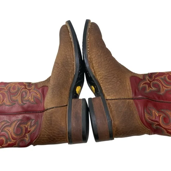 Justin 5902 Roper Boots 9.5D Red Brown Pebbled Bullhide Leather Men's Cowboy