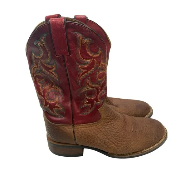 Justin 5902 Roper Boots 9.5D Red Brown Pebbled Bullhide Leather Men's Cowboy