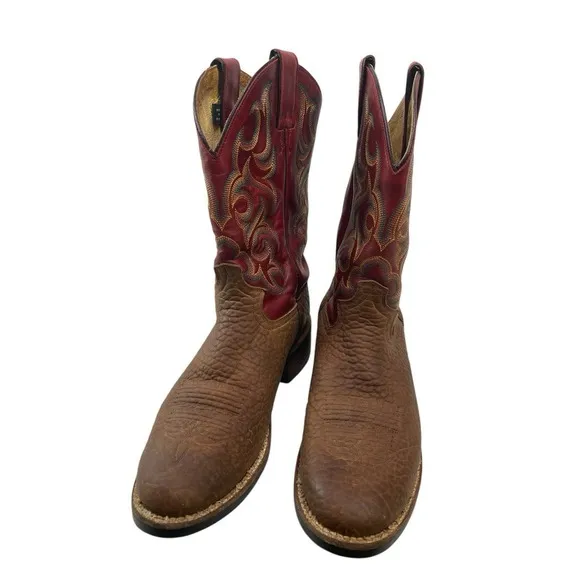 Justin 5902 Roper Boots 9.5D Red Brown Pebbled Bullhide Leather Men's Cowboy