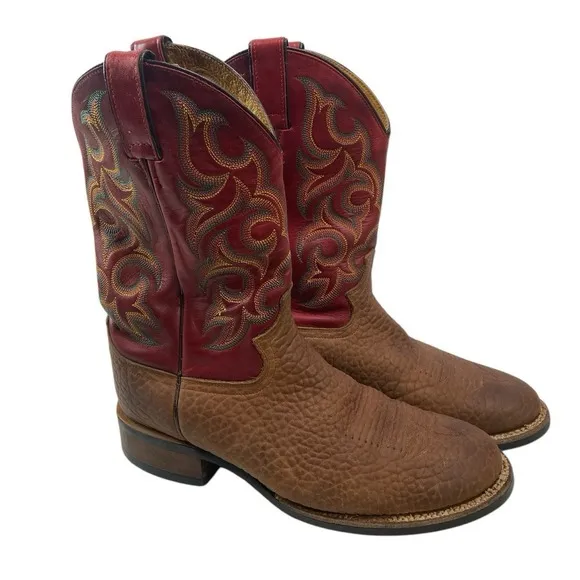 Justin 5902 Roper Boots 9.5D Red Brown Pebbled Bullhide Leather Men's Cowboy