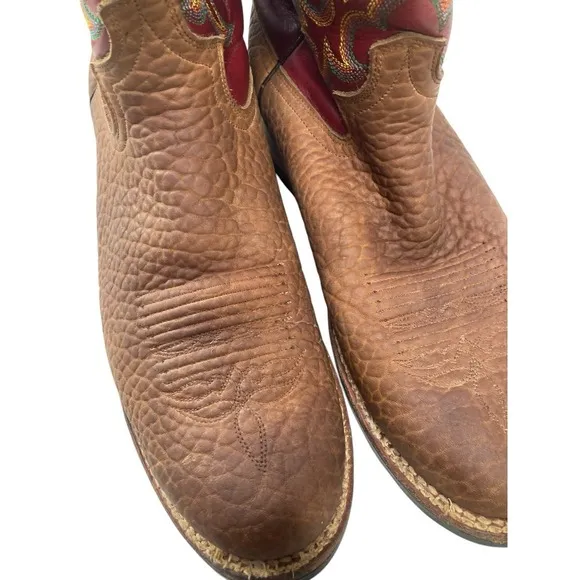 Justin 5902 Roper Boots 9.5D Red Brown Pebbled Bullhide Leather Men's Cowboy
