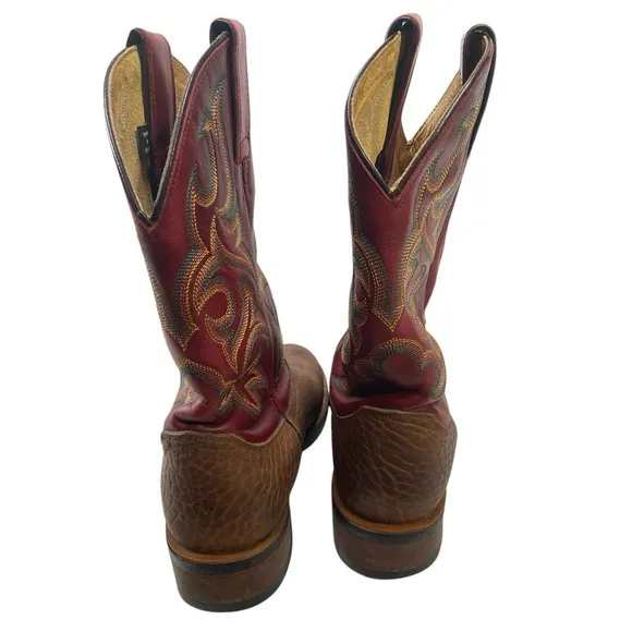Justin 5902 Roper Boots 9.5D Red Brown Pebbled Bullhide Leather Men's Cowboy