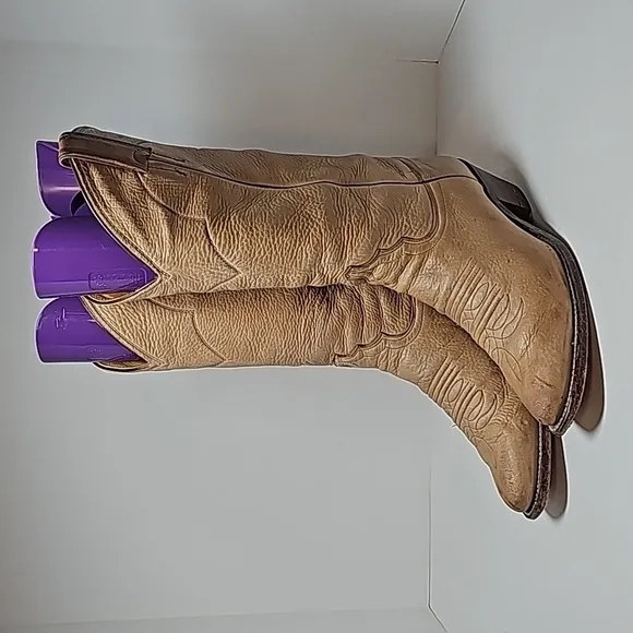 Justin Boots Cowboy Cowgirl Western L4714 Leather Pull-On Pointed Tan Beige 6.5