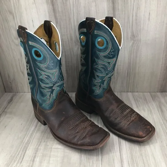Justin Boots Mens 8D Drennan Brown Blue Leather Pull On Western Cowboy Rodeo