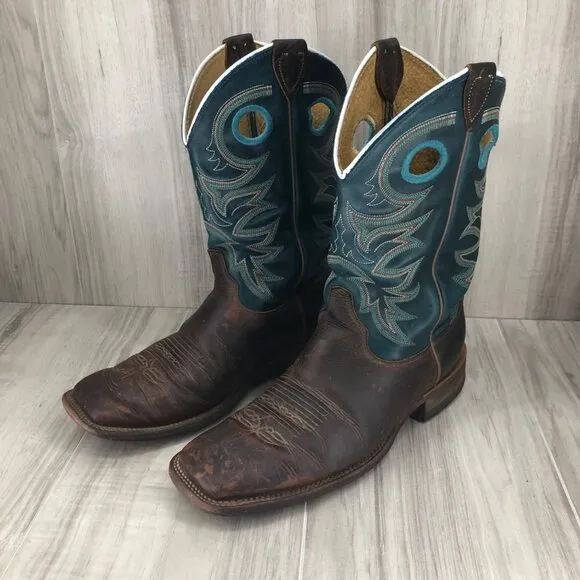 Justin Boots Mens 8D Drennan Brown Blue Leather Pull On Western Cowboy Rodeo