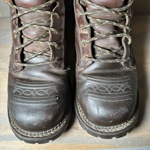 Justin Katerina Womens 9.5 Work Boots Brown Leather Pull Tab Ankle Lace Up Shoes
