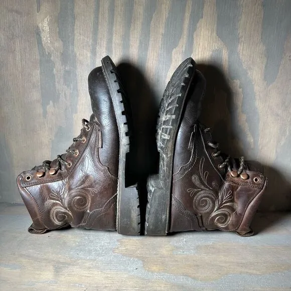 Justin Katerina Womens 9.5 Work Boots Brown Leather Pull Tab Ankle Lace Up Shoes