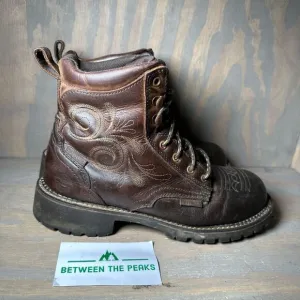 Justin Katerina Womens 9.5 Work Boots Brown Leather Pull Tab Ankle Lace Up Shoes