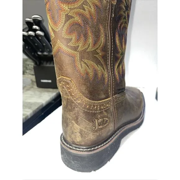 Justin Mens Tan Cowhide Leather Work Boots Stampede Waterproof
