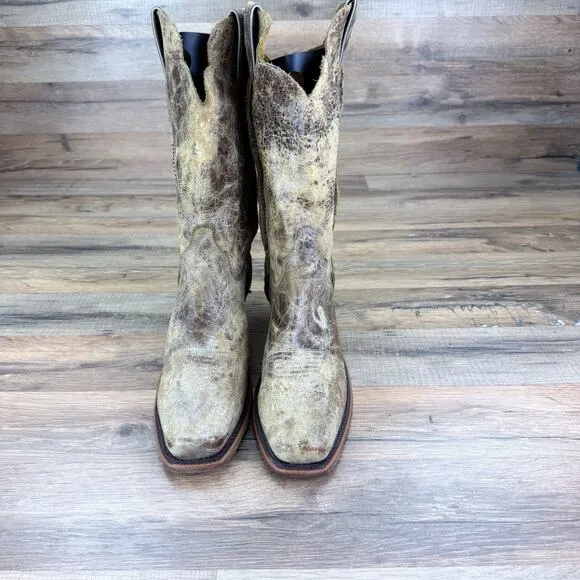 Justin USA Ladies Brown Leather Distressed Square Toe Western Ranch Boots 7.5B