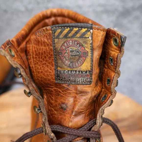 Justin VTG Work Boots USA Made Steel Toe Brown Lace Up 100% AUTHENTIC US 8.5 D