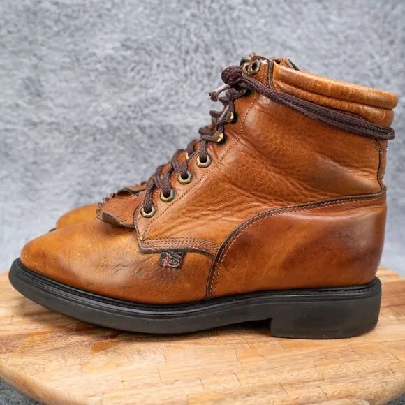 Justin VTG Work Boots USA Made Steel Toe Brown Lace Up 100% AUTHENTIC US 8.5 D