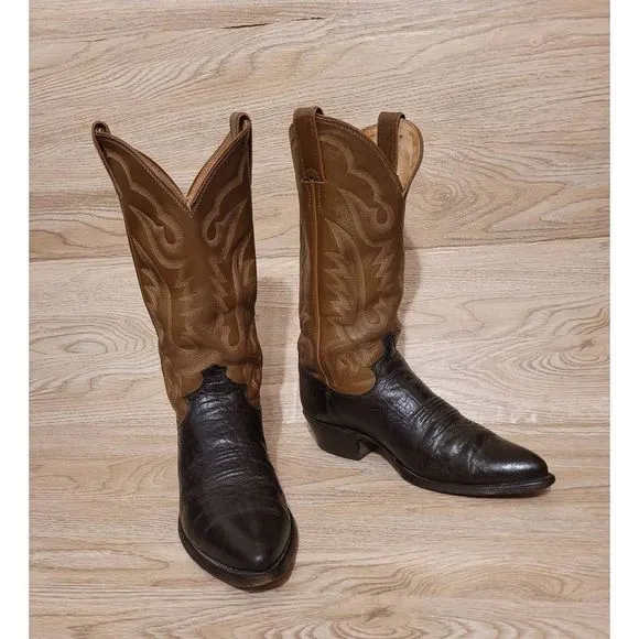 Justin Western Cowboy Boots Mens Size 8 D Two Tone Inlay Oiled Leather Pointed