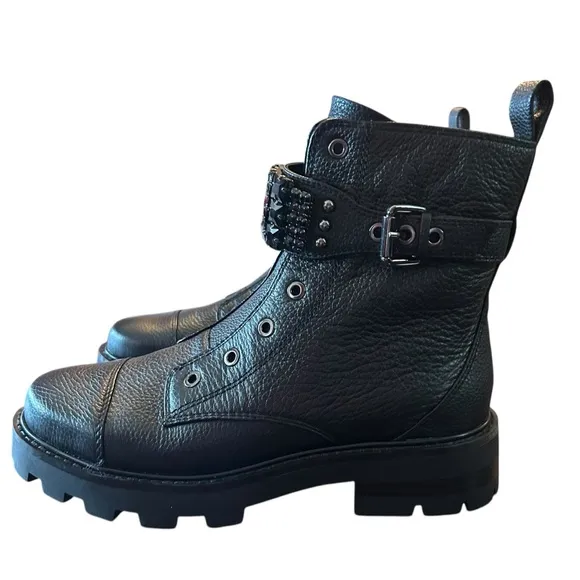 Karl Lagerfeld Maeva Leather Moto Ankle  Boots  Embellished Straps NEW 9.5