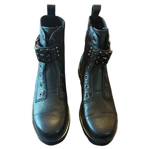 Karl Lagerfeld Maeva Leather Moto Ankle  Boots  Embellished Straps NEW 9.5