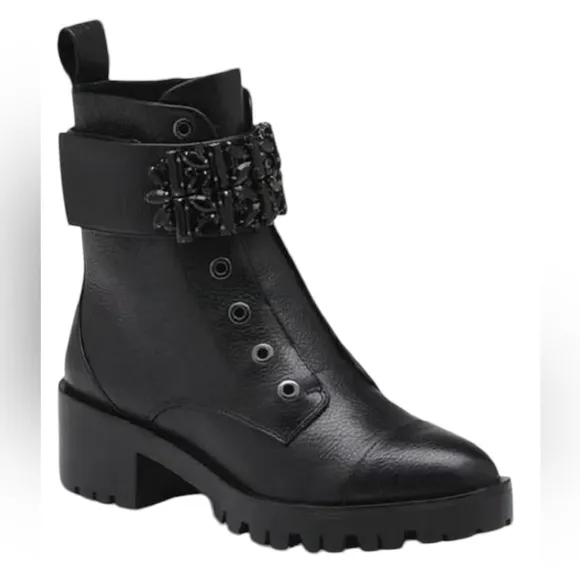 Karl Lagerfeld Maeva Leather Moto Ankle  Boots  Embellished Straps NEW 9.5