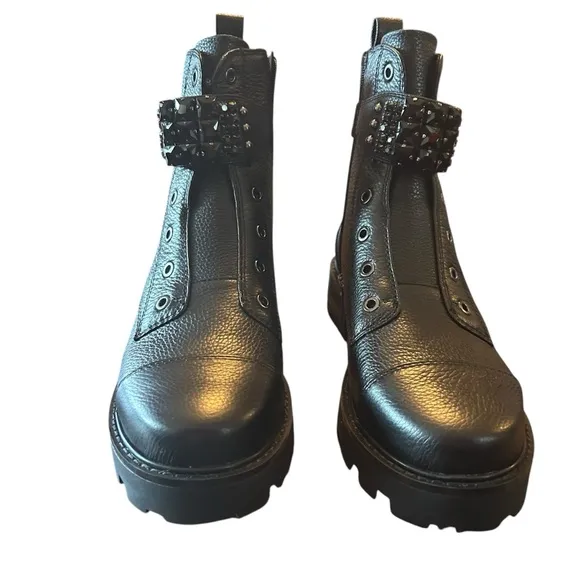 Karl Lagerfeld Maeva Leather Moto Ankle  Boots  Embellished Straps NEW 9.5
