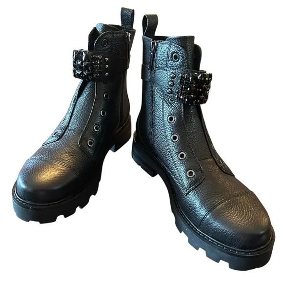 Karl Lagerfeld Maeva Leather Moto Ankle  Boots  Embellished Straps NEW 9.5