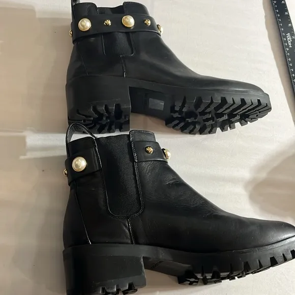 Karl Lagerfeld size 10 black leather boots pearl and gold details &amp; lug sole